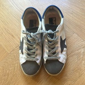 Golden goose sneakers - white, blue heel, grey details.